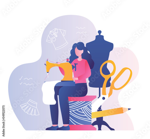 Woman seamstress concept. Young girl with threads and needles in front of mannequin. Fashion, style and trend. Creative person. Poster or banner for website. Cartoon flat vector illustration
