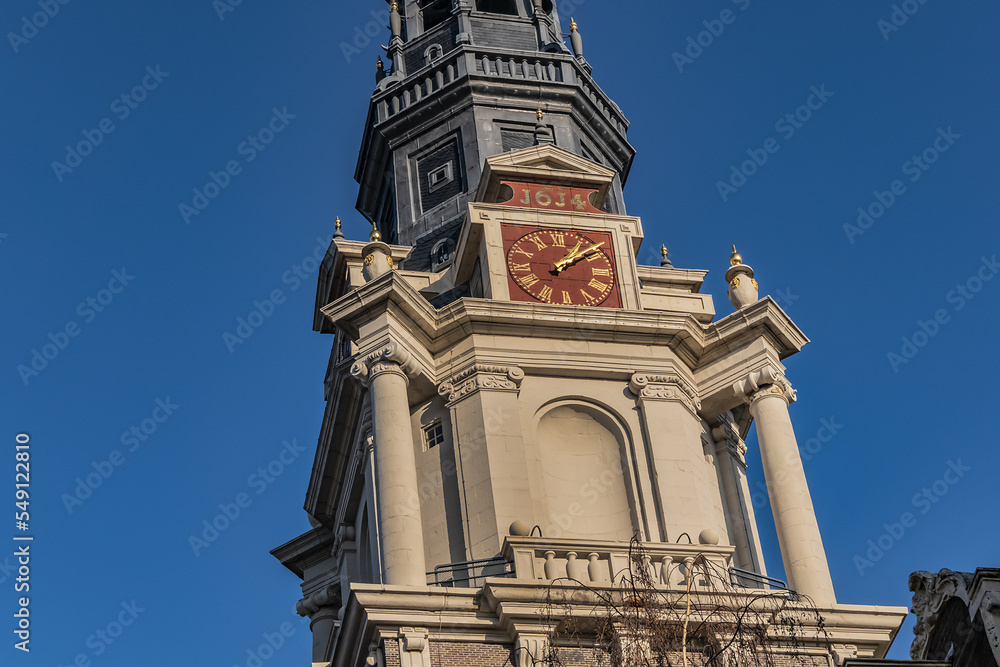 Zuiderkerk (Southern church) - XVII century Protestant church in Amsterdam Nieuwmarkt area. Church constructed in 1611, church tower (1614) dominates surrounding area. Amsterdam. Netherlands. Zuiderkerk (Southern church) - XVII century Protestant church in Amsterdam Nieuwmarkt area. Church constructed in 1611, church tower (1614) dominates surrounding area. Amsterdam. Netherlands.