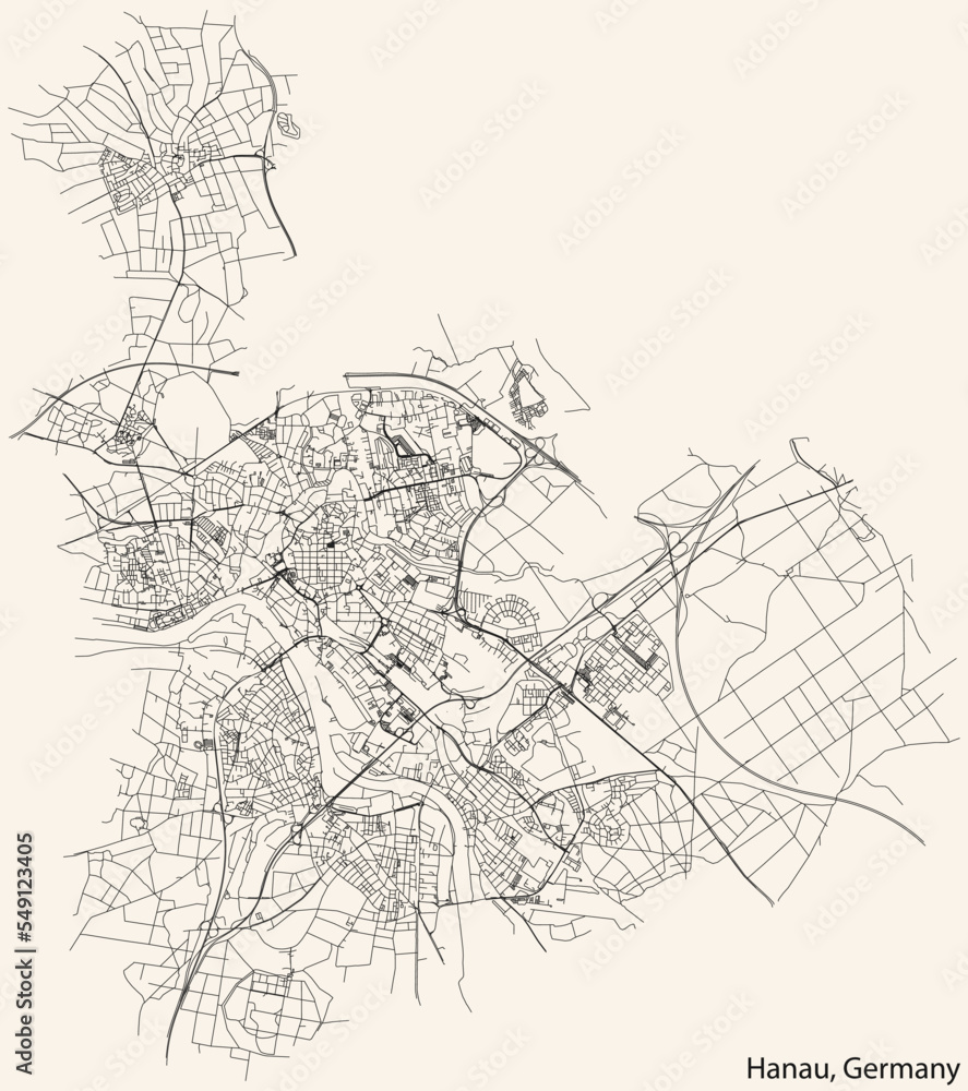 Detailed navigation black lines urban street roads map of the German town of HANAU, GERMANY on vintage beige background