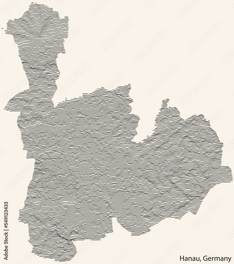 Topographic relief map of the city of HANAU, GERMANY with black contour