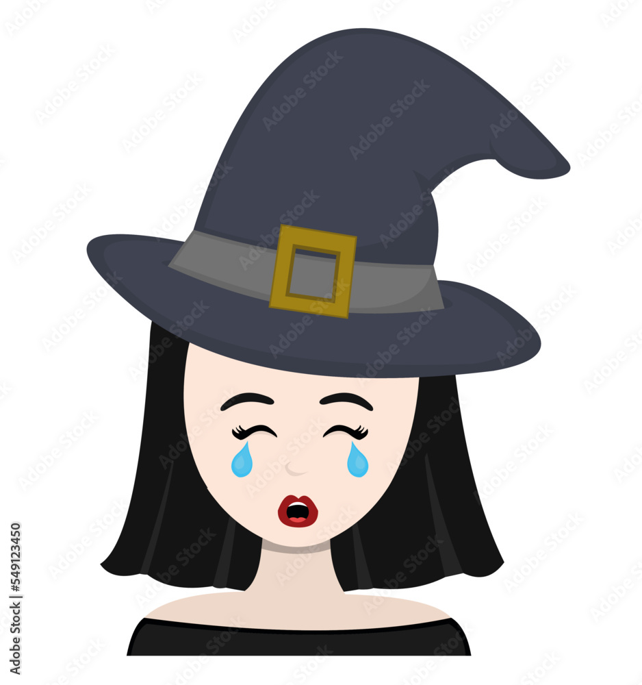 vector illustration of the face of a cartoon witch with a sad expression, crying with tears falling from her eyes