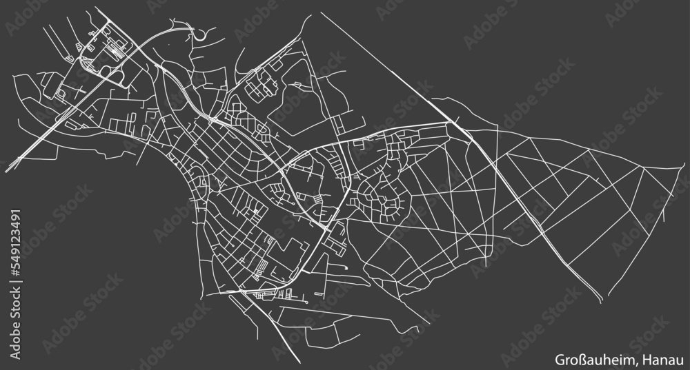 Detailed negative navigation white lines urban street roads map of the GROSSAUHEIM MUNICIPALITY of the German town of HANAU, Germany on dark gray background