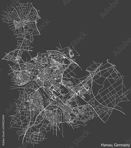 Detailed negative navigation white lines urban street roads map of the German town of HANAU, GERMANY on dark gray background