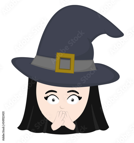 vector illustration of the face of a witch cartoon covering her mouth with her hands