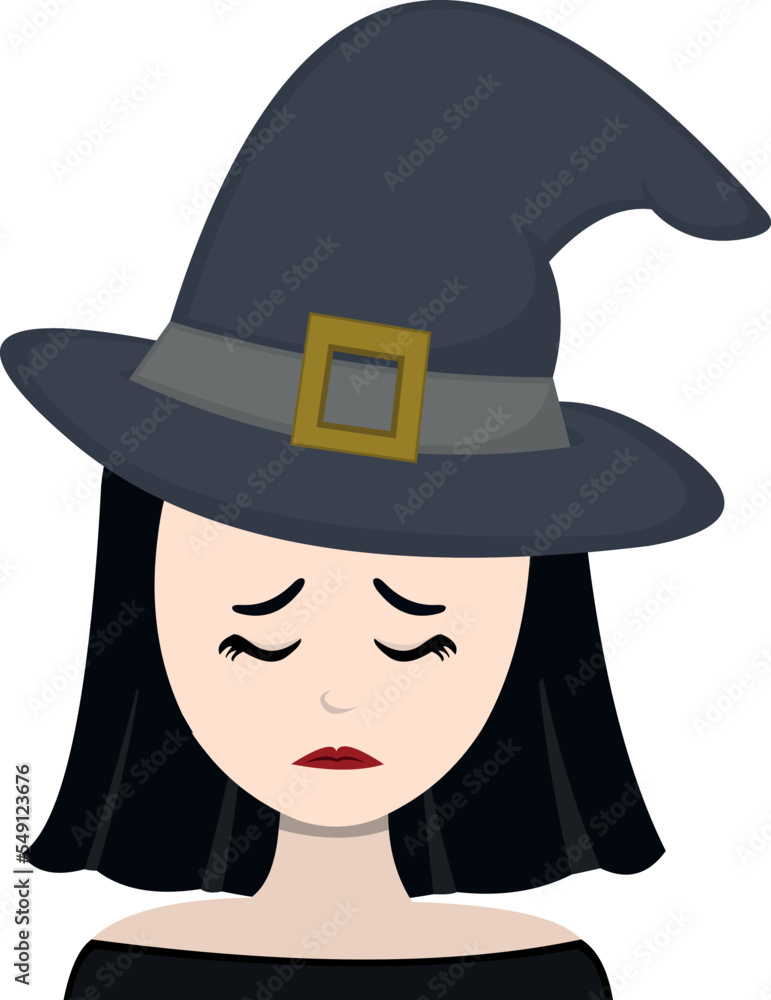 vector illustration of the face of a witch cartoon with a sad or regretful expression