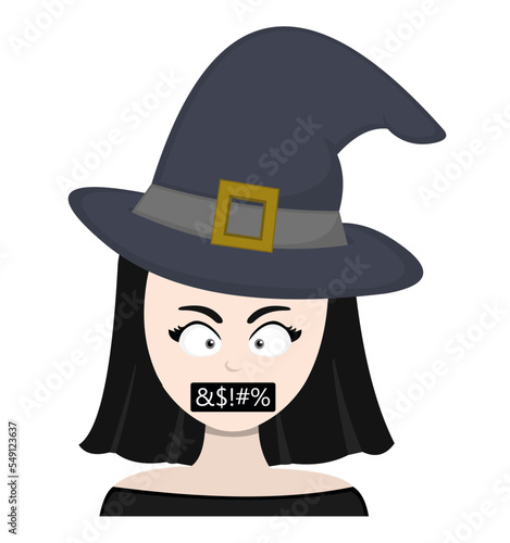 vector illustration of the face of a cartoon witch with an angry expression and a censored insult in her mouth