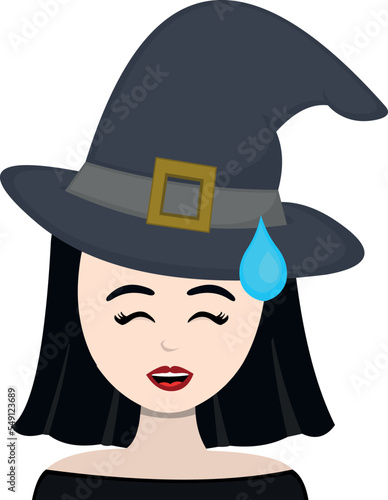 vector illustration of the face of a witch cartoon with an expression of shame with a drop of sweat on her head