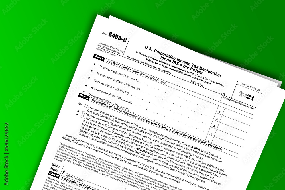 Form 8453-C documentation published IRS USA 11.16.2021. American tax document on colored Form 8453-C documentation published IRS USA 11.16.2021. American tax document on colored