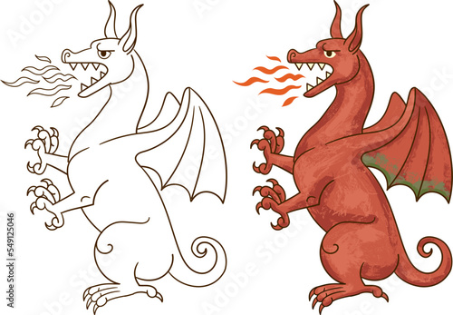 Medieval dragon breathing fire . Manuscript decor. Vector outline for coloring book
