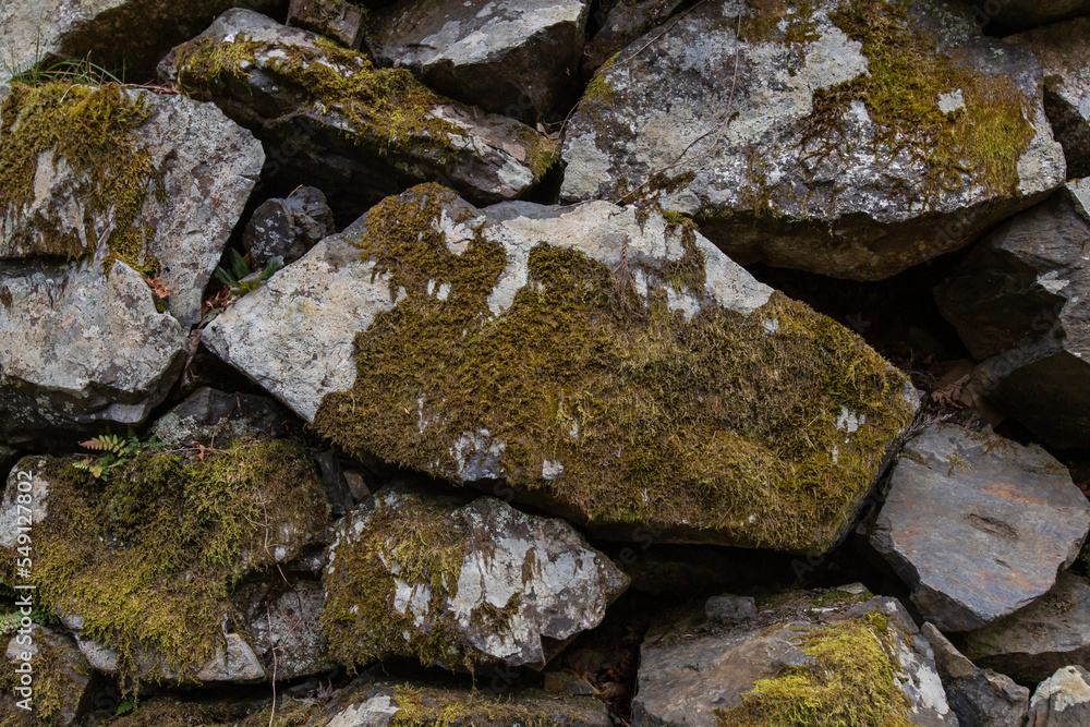 Stone wall with moss. Natural stone wall pattern background.