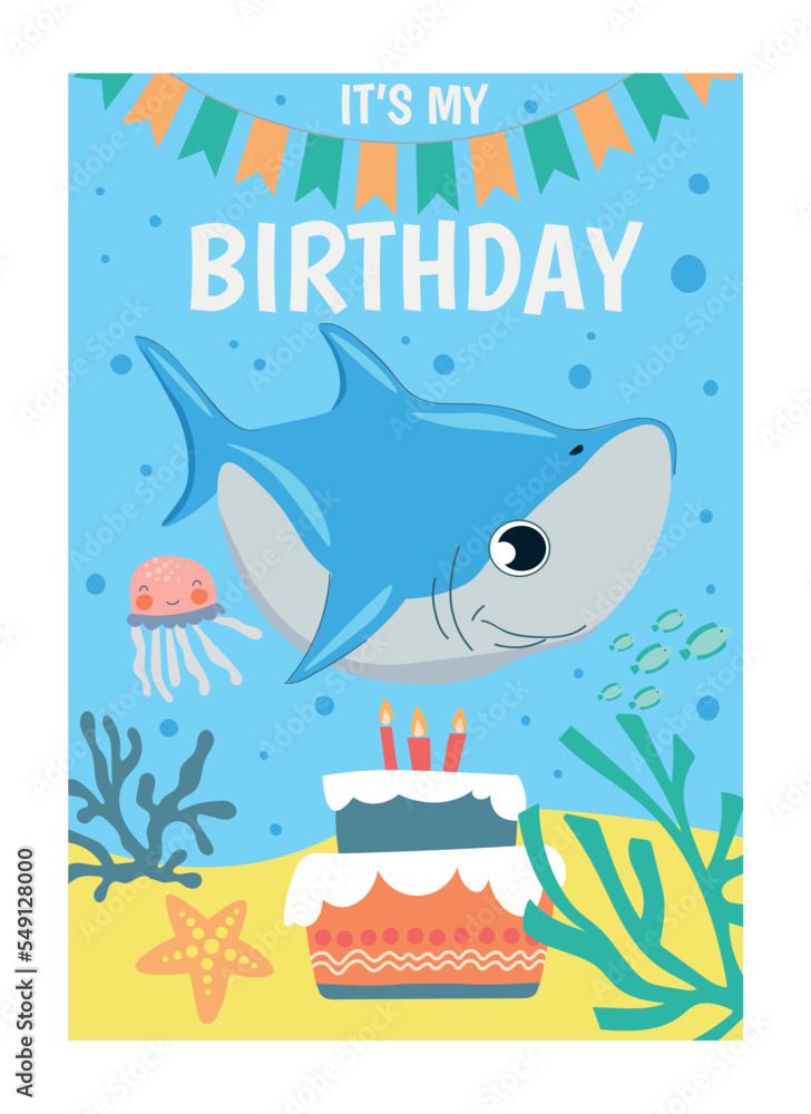Shark invitations postcard. Graphic element for website, poster or