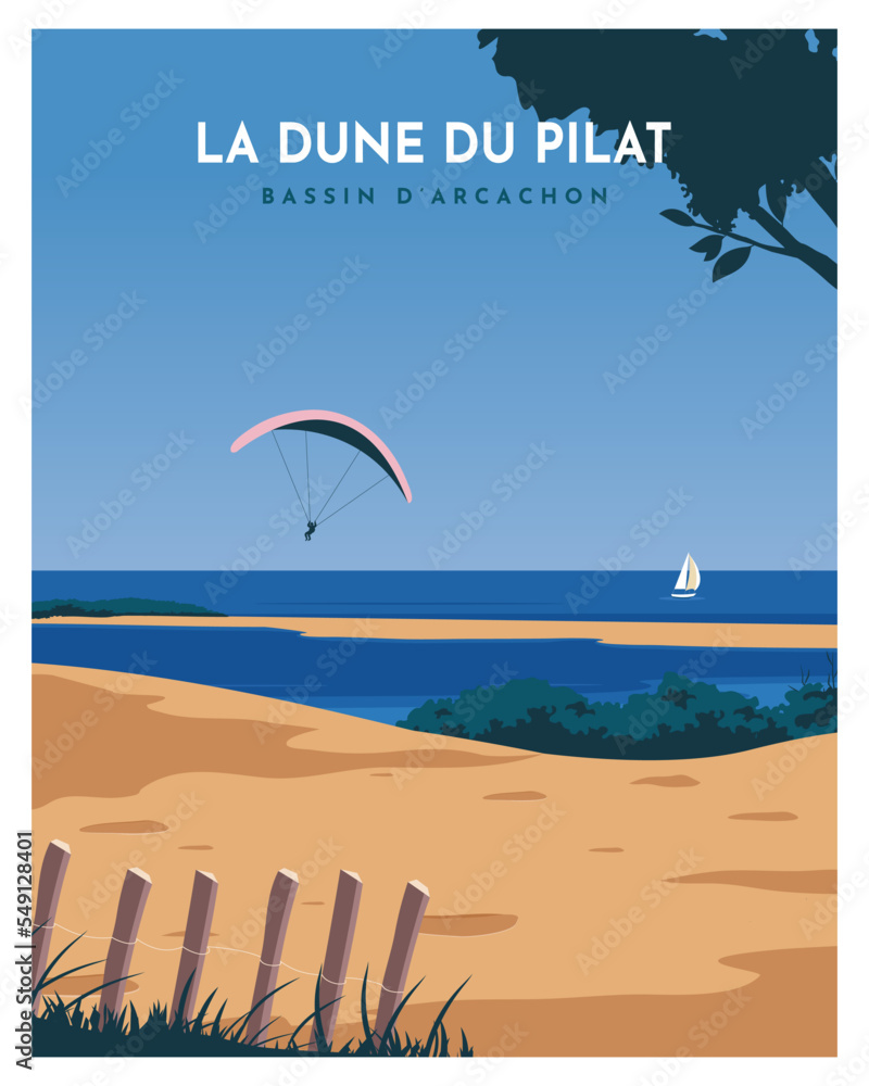 travel poster landscape sand dune with a blue sky with clouds, and paragliding on Dune du Pilat, Arcachon, France. vector illustration with flat style for poster, postcard, card, bakground, art print. - obrazy, fototapety, plakaty 
