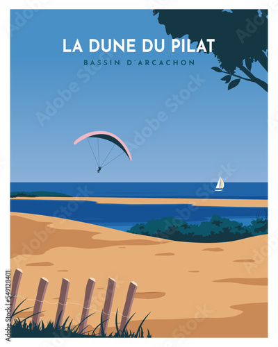 travel poster landscape sand dune with a blue sky with clouds, and paragliding on Dune du Pilat, Arcachon, France. vector illustration with flat style for poster, postcard, card, bakground, art print.