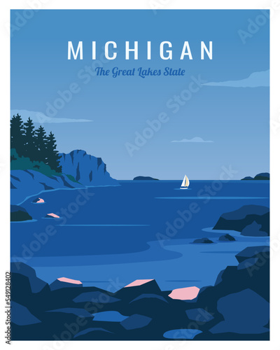 Michigan.The great lakes state. travel poster with flat style.vector illustration for card, poster, postcard, art, print etc.