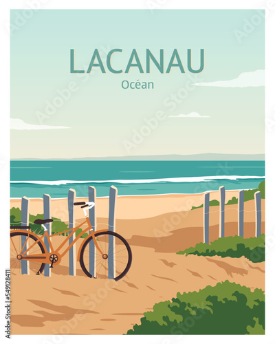 travel poster with bicycles on beach, Lacanau, France. landscape vector illustration with flat style for poster, card, background, postcard etc. photo