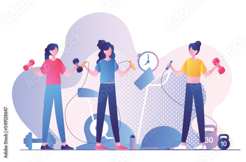 Sports training concept. Women stand with dumbbells and kettlebells, strength training and muscle strengthening, workout. Active lifestyle and sports, athletes. Cartoon flat vector illustration