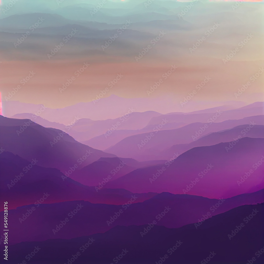 Fototapeta premium misty colorful landscape at sunset in the mountains with purple, pink and violet colors with turquoise in the sky - illustration in watercolor style for the artistic background of wallpaper or banner