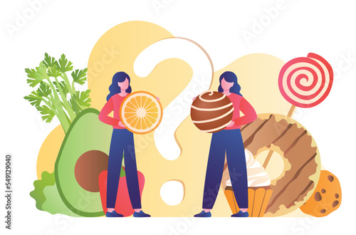 Vitamin Diet or Sweets. Woman with orange against young girl with candy. Comparison of healthy and unhealthy diet, proper nutrition. Junk vs natural products. Cartoon flat vector illustration