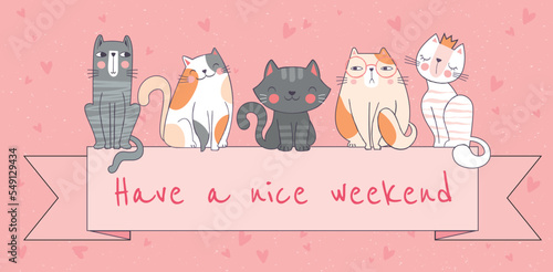 Cute cats wish. Happy weekend, greeting postcard design. Charming kittens and pets. Love and tenderness, aesthetics and elegance. Princesses with hearts, romance. Cartoon flat vector illustration