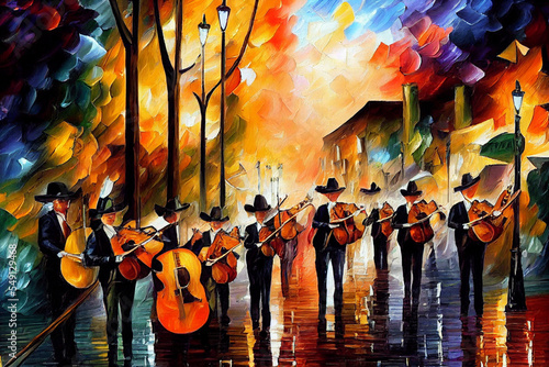 Mexican mariachi on zocalo in the evening performing a song digital illustration, latino street musicians in traditional costumes multicolored painting, Generative AI photo