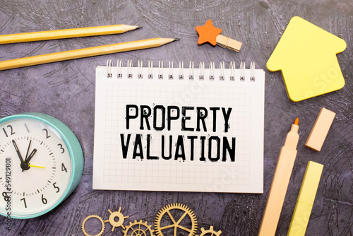 Картината върху платно Property valuation text on notepad with house model and key on wooden desk