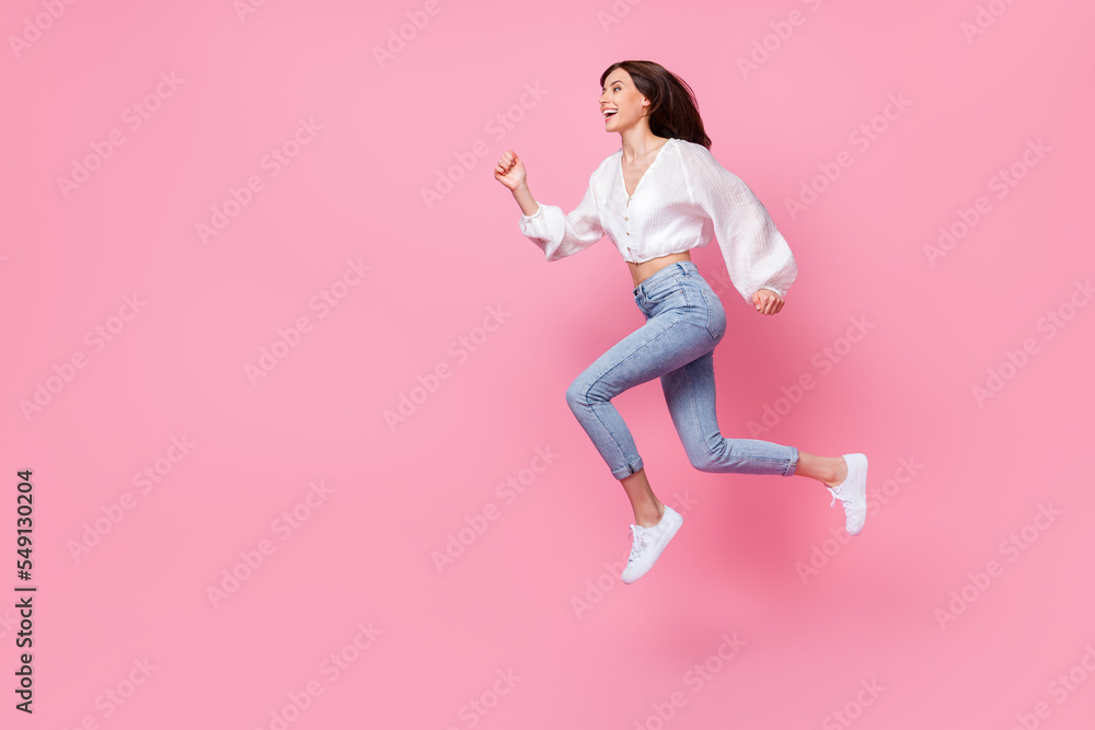Full length photo of cool pretty lady wear stylish comfort clothes want buy new collection empty space isolated on pink color background