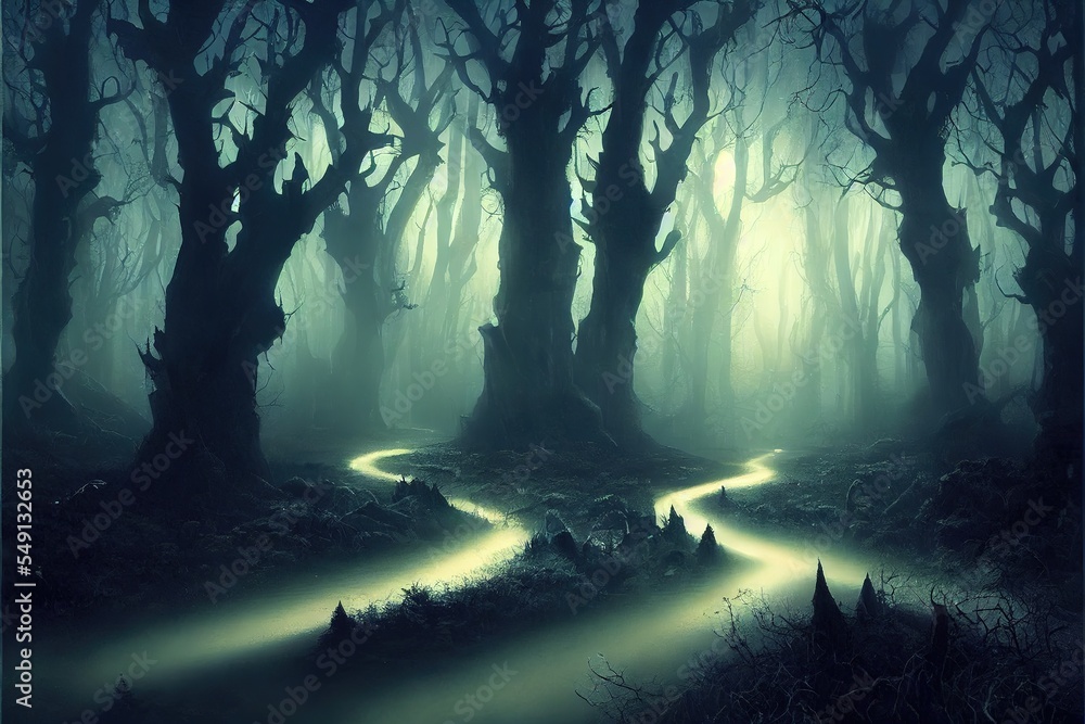 glowy road through fantasy forest at night, scary landscape
