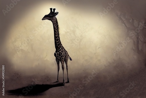 surreal girrafe in sepia style, stain of warm light as background photo