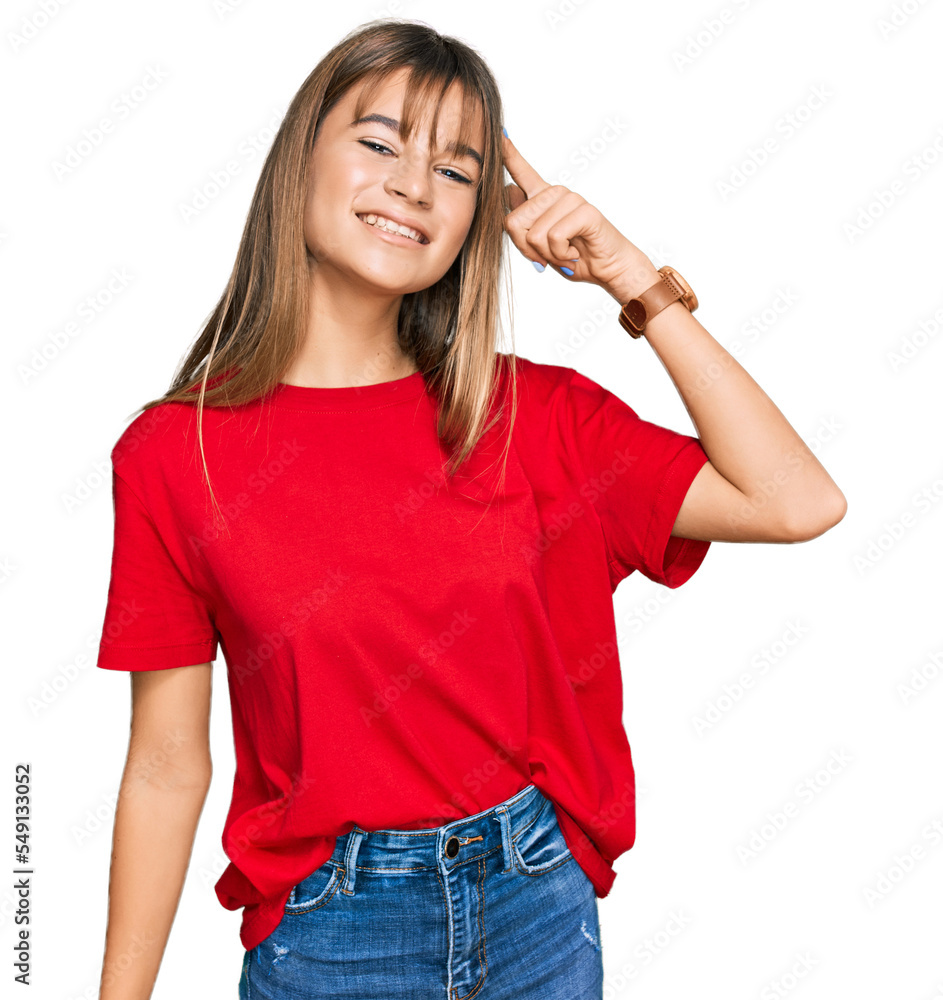 Fototapeta premium Teenager caucasian girl wearing casual red t shirt smiling pointing to head with one finger, great idea or thought, good memory