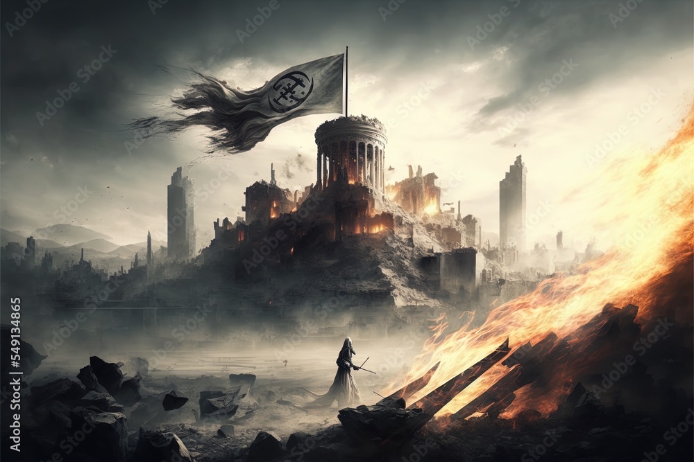 White Flag At Burning City Background With Ruins