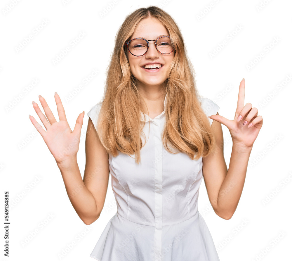 Beautiful young caucasian girl wearing casual clothes and glasses showing and pointing up with fingers number seven while smiling confident and happy. Beautiful young caucasian girl wearing casual clothes and glasses showing and pointing up with fingers number seven while smiling confident and happy.