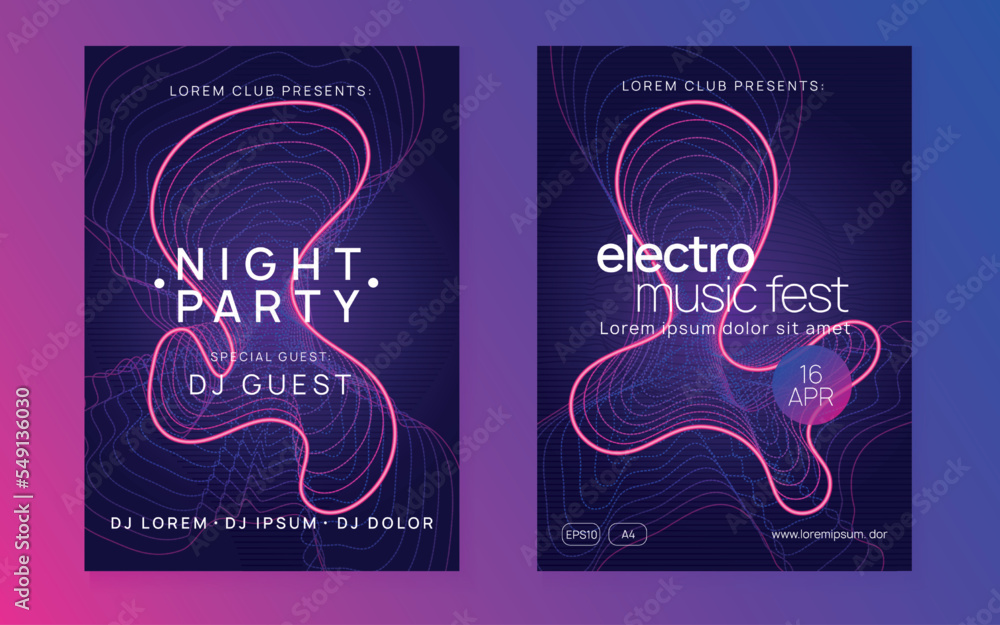 Neon club flyer. Electro dance music. Trance party dj. Electronic sound fest. Techno event poster. Neon club flyer. Electro dance music. Trance party dj. Electronic sound fest. Techno event poster.