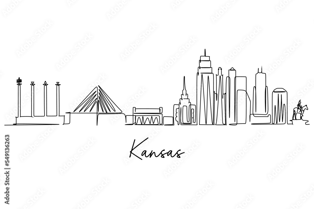 One continuous line drawing of Kansas city skyline. Beautiful landmark. World landscape tourism travel home wall decor poster print. Stylish single line draw graphic design vector illustration