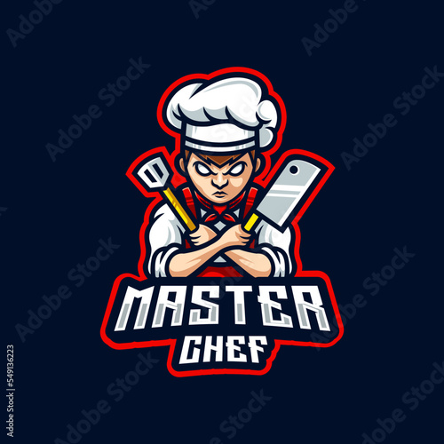 Master chef mascot logo template, The chef logo raised the knife in his hand
