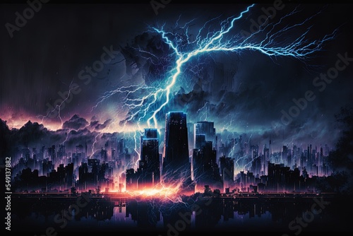 Realistic Lightning Bolts Flashes Composition Of Lightning Strokes And Thunderbolts On Night Sky With Cityscape Silhouette