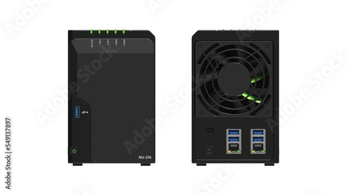 Black NAS (Network attached storage) with 2 bays, front and rear orthographic view on white background. 3D Rendering photo