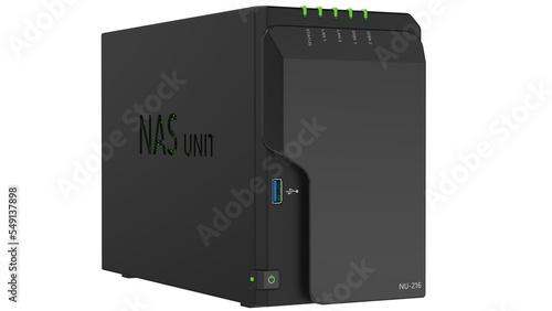 Black NAS (Network attached storage) with 2 bays, front isometric view on white background. 3D Rendering