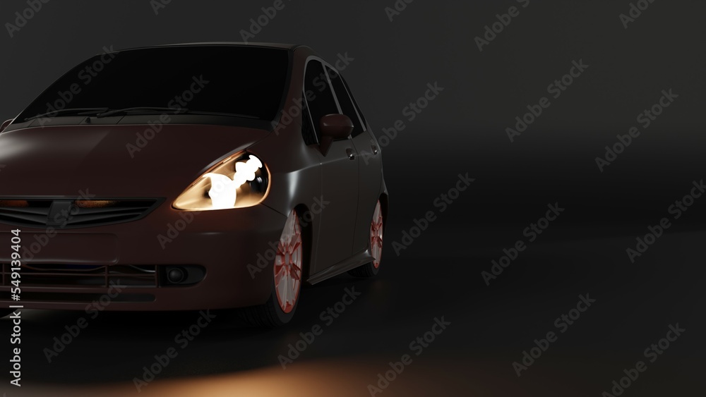 3d image, 3d render of a red car with headlights on in the dark on a dark background. 