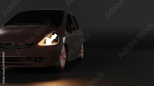 3d image, 3d render of a red car with headlights on in the dark on a dark background.  © NIkita