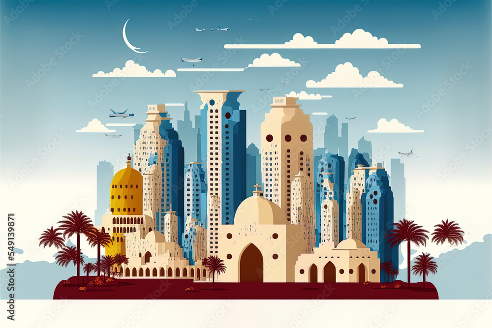 doha-qatar-city-skyline-with-color-buildings-and-blue-sky-2d