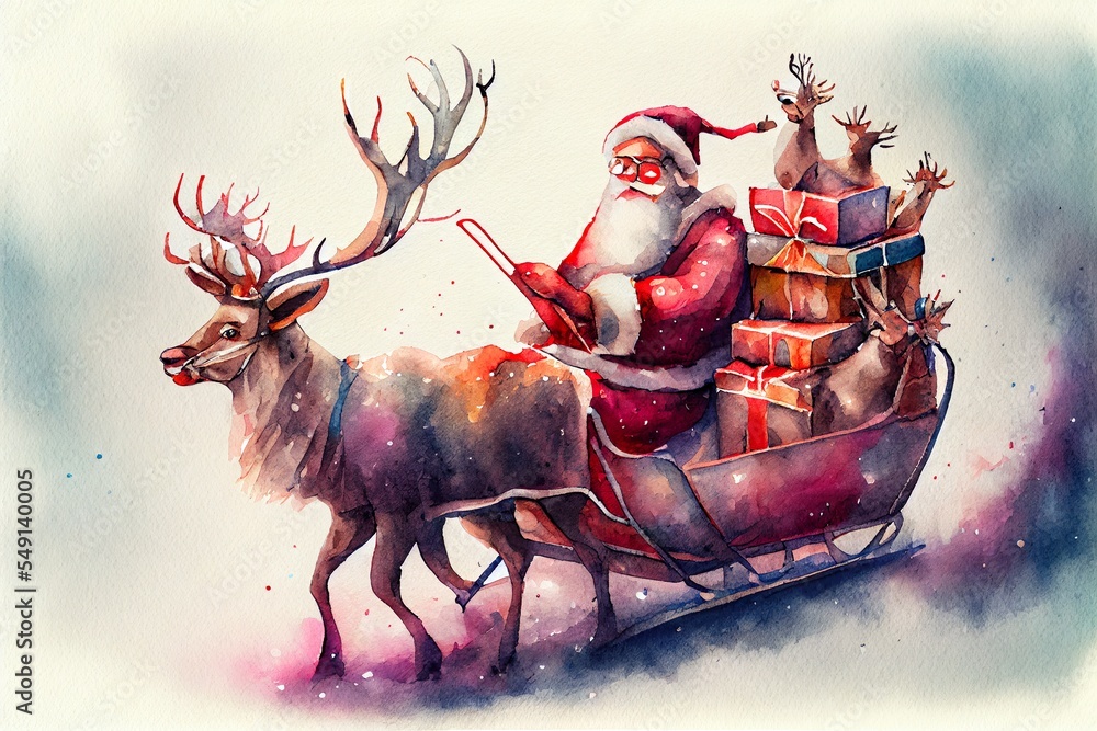 watercolor christmas illustration with, and, a reindeer with a santa ...