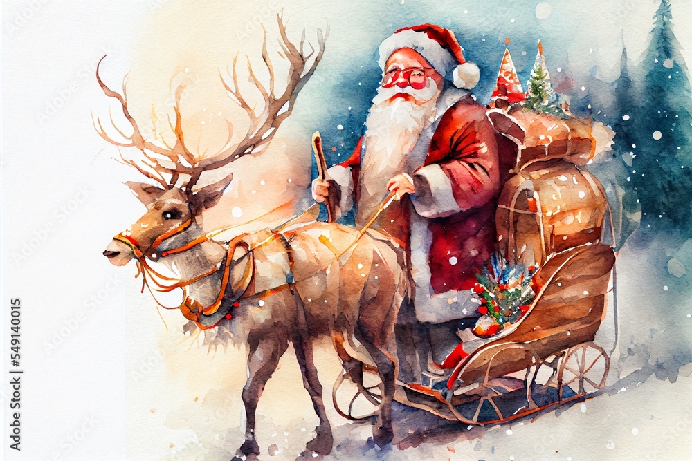 watercolor christmas illustration with, and, a person in a santa suit ...