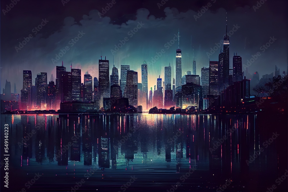 view of a big city, a city skyline at night, illustration with water building