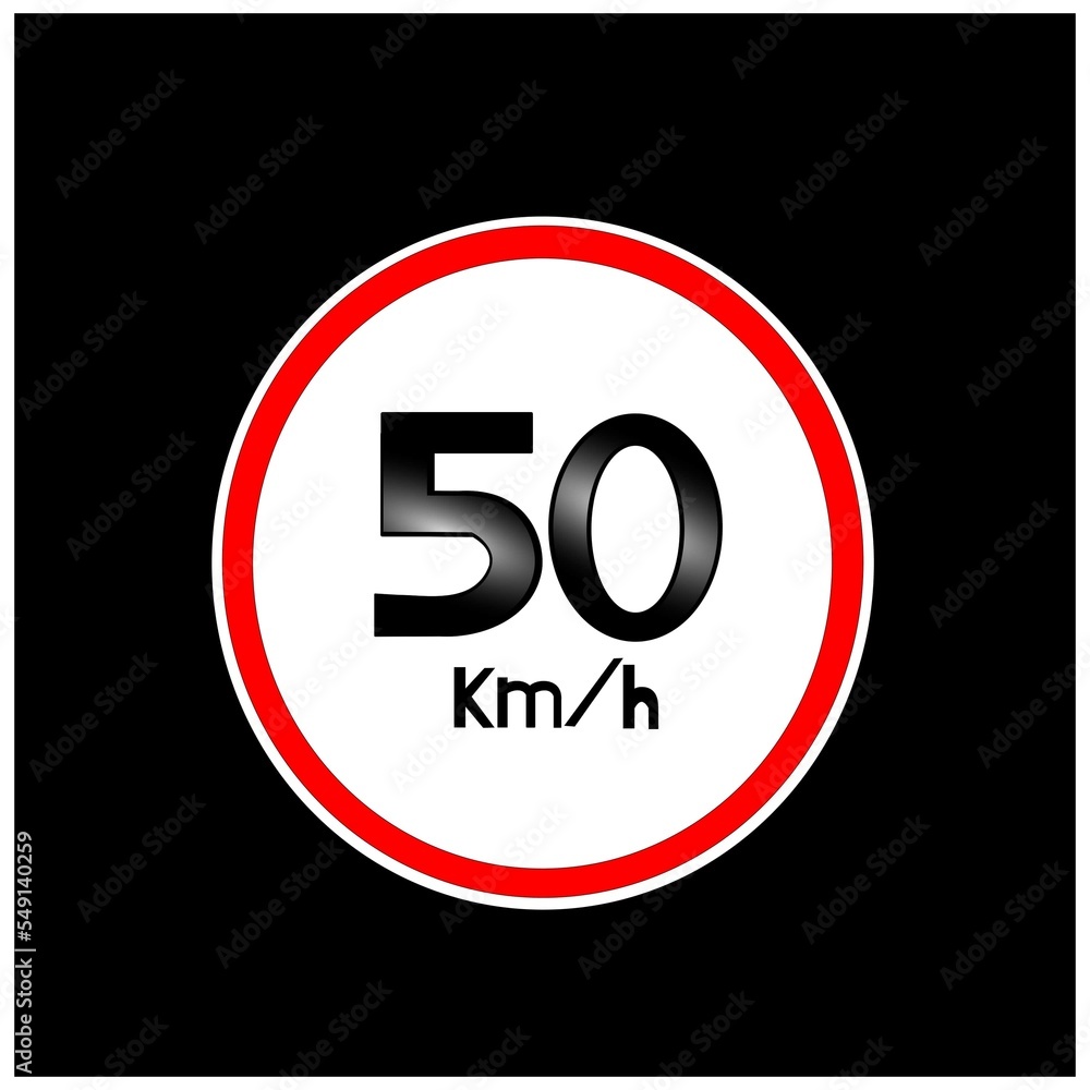 Maximum allowed speed sign 50 kilometers per hour. Banner with black background and red and white circle. Maximum allowed speed sign 50 kilometers per hour. Banner with black background and red and white circle.