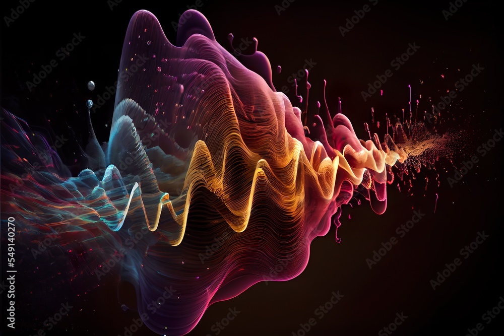 Obraz premium vibrating sound wav, a hand with a red and blue light in the background, illustration with purple organism