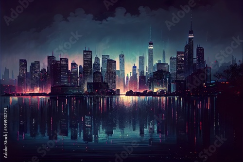 view of a big city, a city skyline at night, illustration with water building
