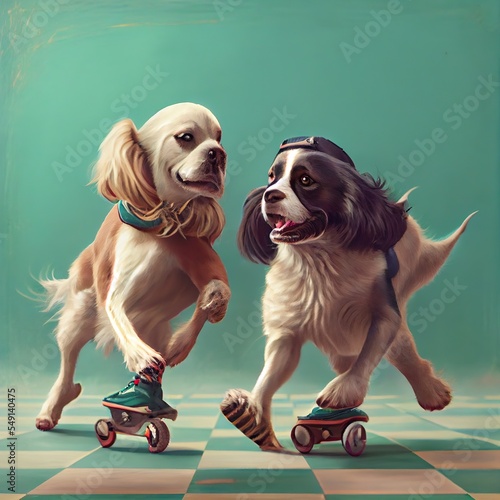 wo dogs roller skating and, two dogs on skateboards, illustration with dog wheel