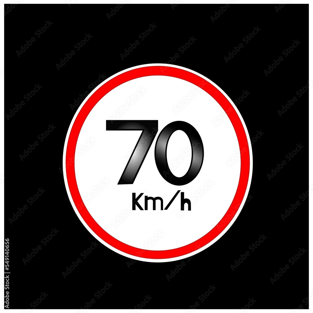 Maximum allowed speed sign 70 kilometers per hour. Banner with black background and red and white circle. Maximum allowed speed sign 70 kilometers per hour. Banner with black background and red and white circle.