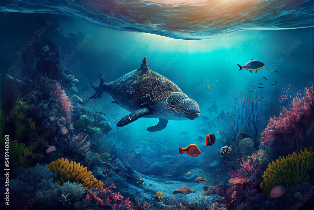 Fototapeta premium stunning landscape and underwater se, a school of fish swimming in the ocean, illustration with water natural