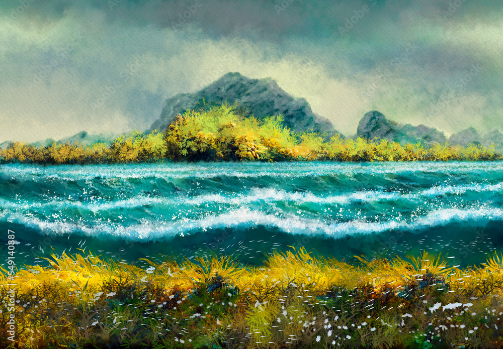 Sea landscape, landscape with mountains and clouds. Jungle by the sea, underwater world